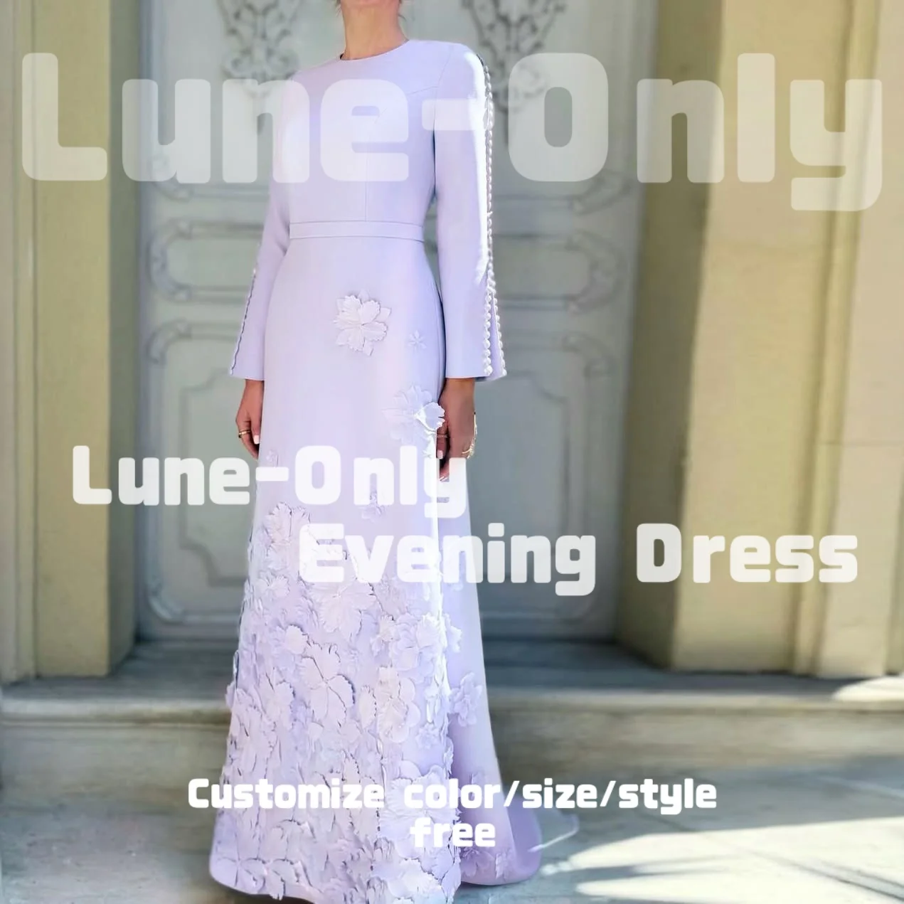 

Сиреневые вечерние платья с длинными рукавами и пуговицами по индивидуальному заказу, с цветочной аппликацией для торжественных случаев, платье для выпускного вечера, вечернее платье трапециевидной формы