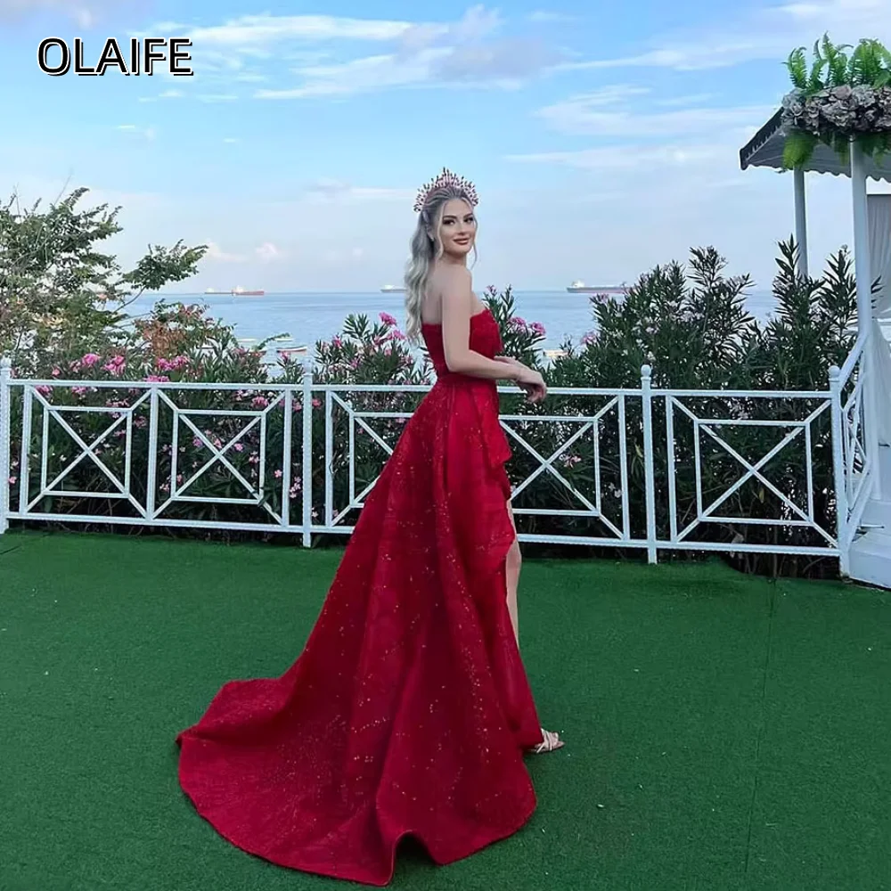 Brilhante lantejoulas sereia frisado alta fenda lateral vestido de noite fora do ombro personalizado sem mangas varredura trem robes de soirée