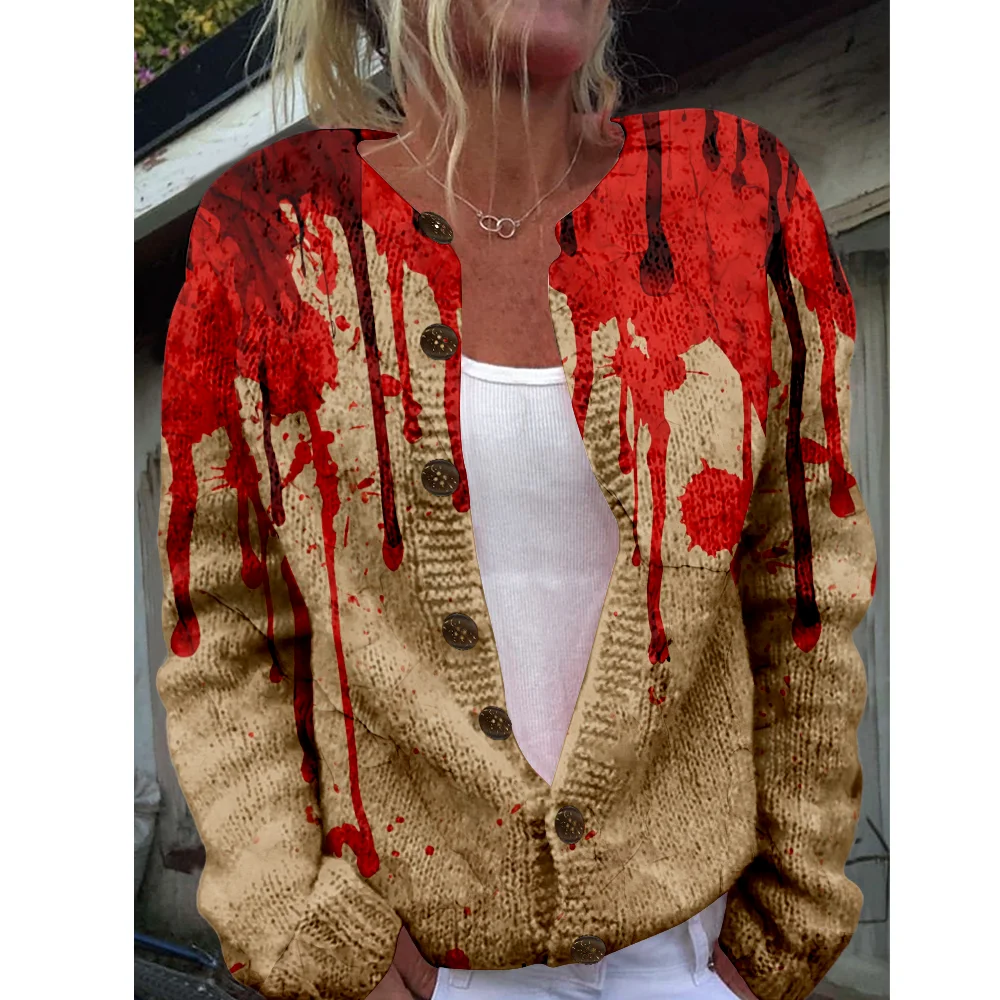 

Женский свитер на Хэллоуин, кровавые свитера ужасов, осень-зима, вязаный кардиган, вязаный топ, модные повседневные крутые джемперы, уличная одежда