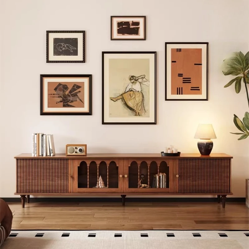 

French retro solid wood TV cabinet, integrated storage locker