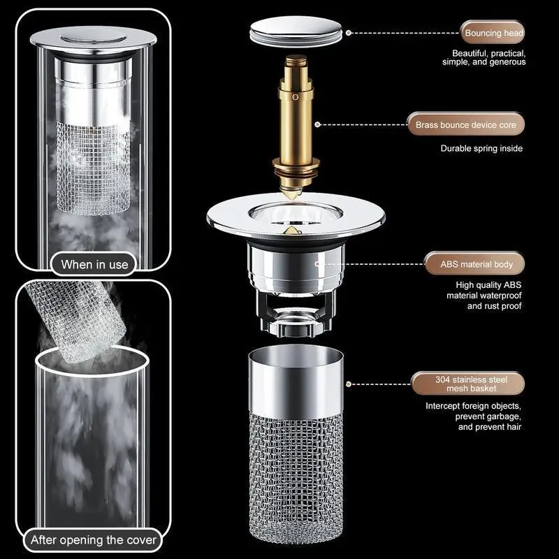 Haarfänger und Abflussstopper für Badezimmerwaschbecken - Universeller Pop-Up-Abflussfilter mit Edelstahlkorb, Abflussgitter – Detail 7