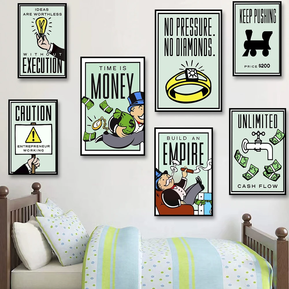 Frameless canvas paintings,Monopoly Millionaire Money Canvas Decorative Painting Motivational Quote Art Poster Cartoon Figure Mu