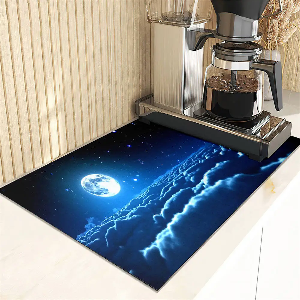 Moonlight Night Pattern Drain Pad Super Absorbent Dish Drying Mat Non-Slip Anti-mildew Counter Top Mat Sink Dish Draining Mat