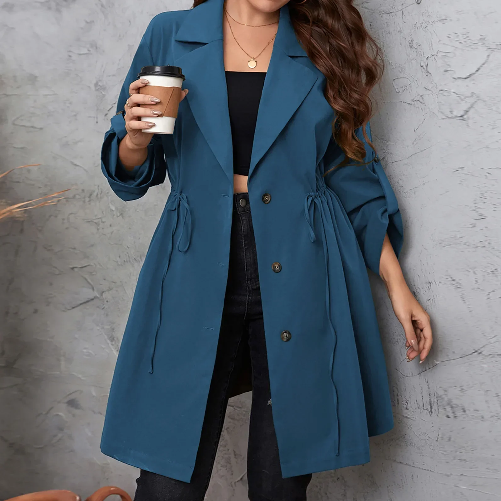 

Temperament simple style suit collar medium and long solid color plus size trench coat for women