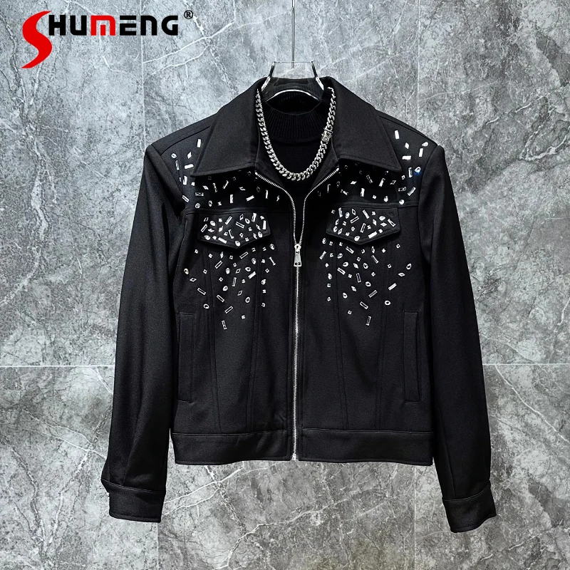 

Men's 2025 Spring Autumn New Trendy Jackets Masculinity High-end Rhinestone Jackets Fashion Padded Shoulder Short Style Coats