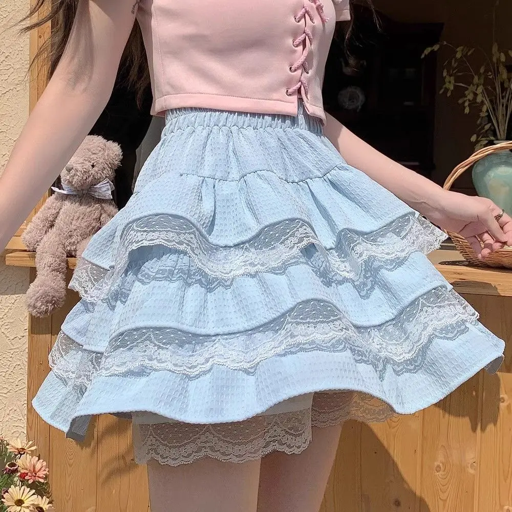 Wedbleser Sweet Girl Style Lace Cake Skirt Women Summer Short Half Body High Waist Pleated A-line Fluffy Short Skirts