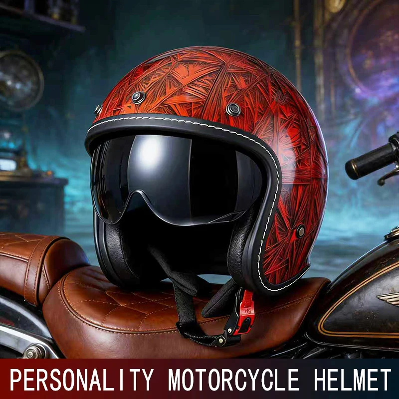 Retro Red Three-Quarter Helmet Retro Helmet Cruise Motorcycle Half Helmet Universal Motorcycle Helmet for Men and Women in Four