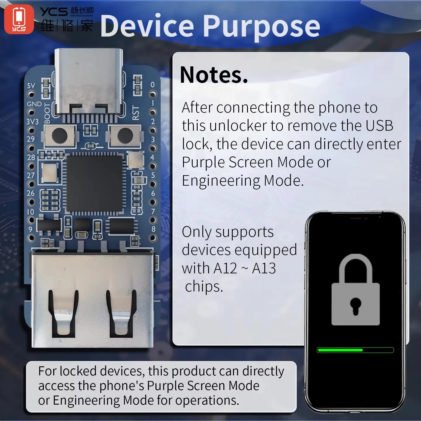 Устройство для инженерной настройки чипов YCS-A12/A13 / USB-модуль с фиолетовым экраном для XR, XS, XS Max, 11, 11P, 11PM, iPad 9 и SE 2020.