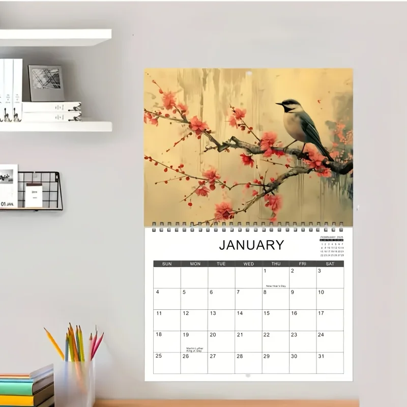 1 Calendario de pared 2026 con temática de pájaros Características una sección de notas grande para la planificación personal Ideal como decoración y planificación de la oficina en el hogar
