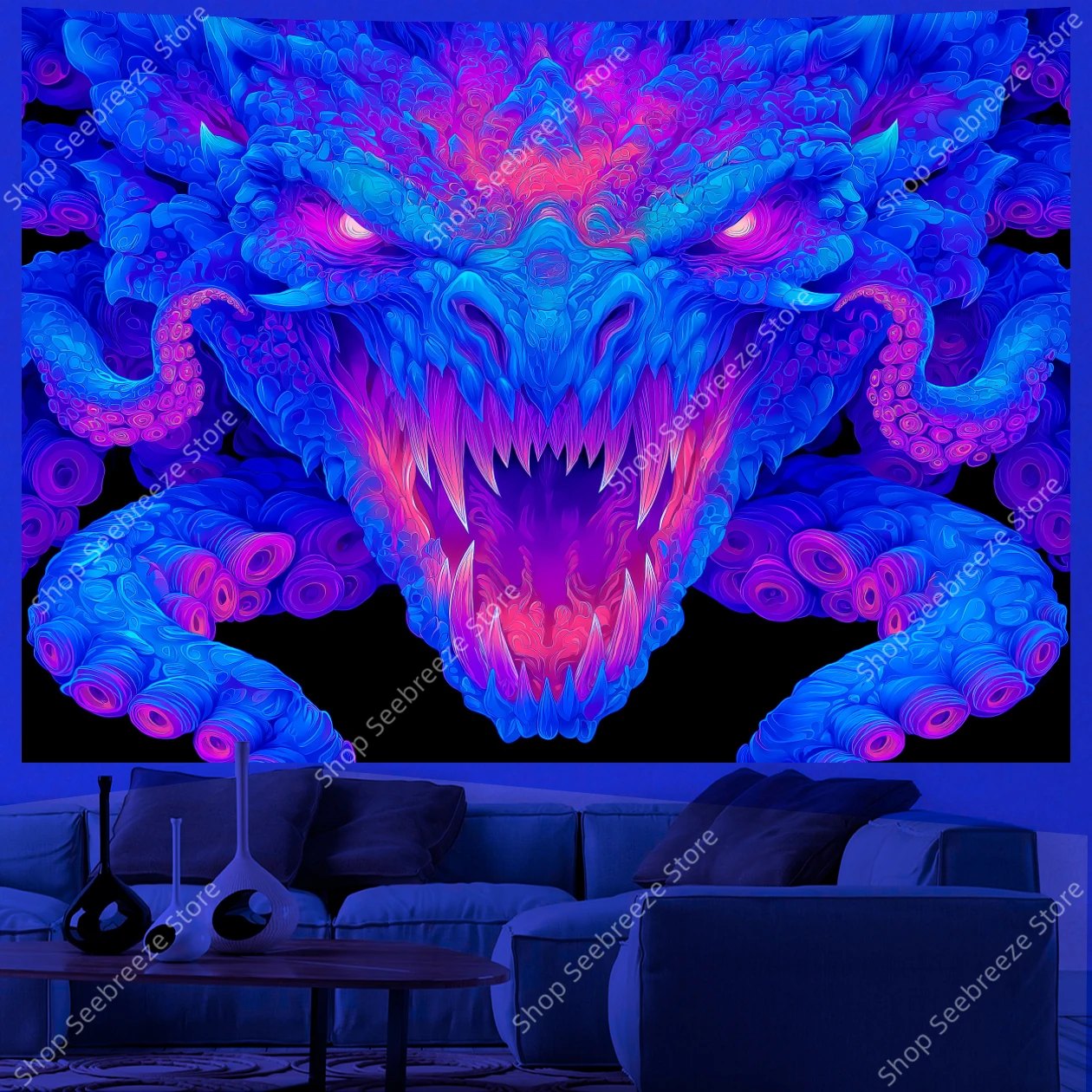 Vivid Dragon Monster UV Tapestry Fierce Blue Green Creature with Glowing Eyes Fantasy Wall Hanging for Gothic Bedroom Decor
