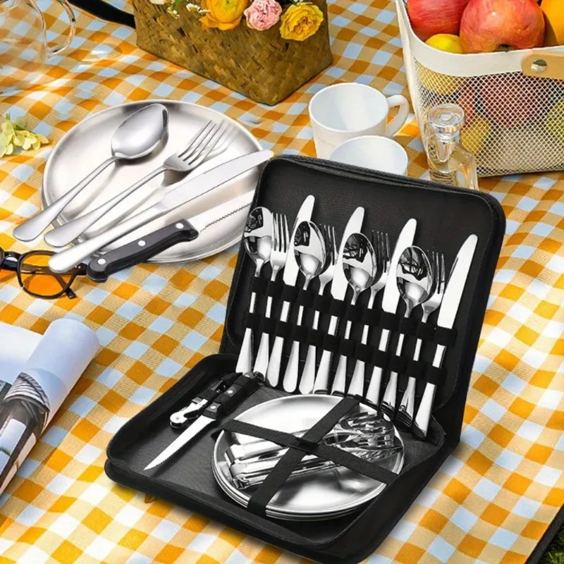 

Stainless steel outdoor cutlery set camping picnic steak knife fork spoon plate set cloth bag outdoor portable meal
