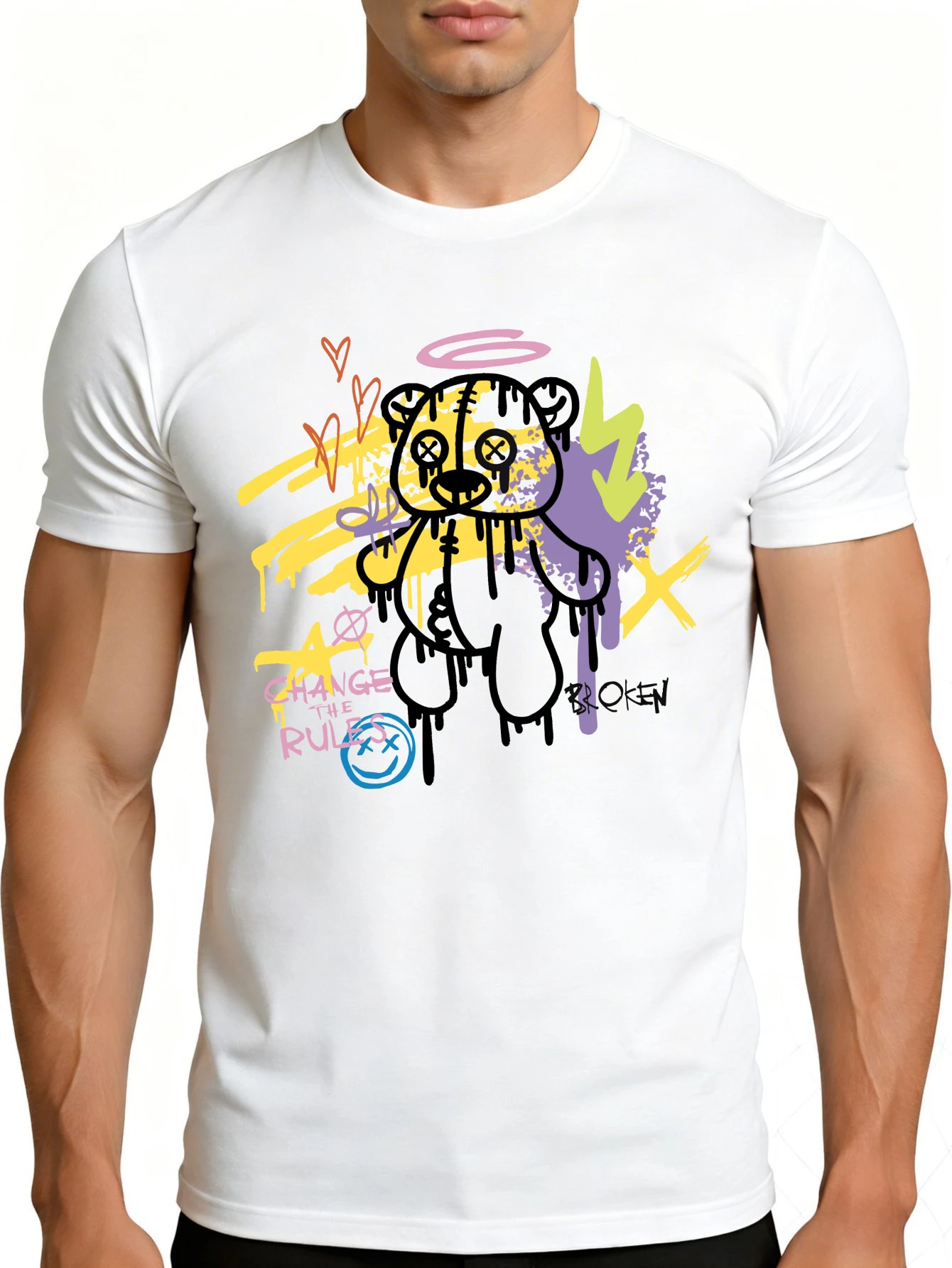 Men's Graphic T-Shirt - Breathable, Soft, Lightweight - Embroidered Bear with Halo and Graffiti - Vintage Fun Pattern Casual Short Sleeve Summer Top, Gift for Him