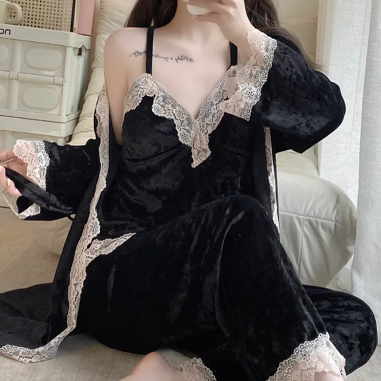 Autumn Winter Velvet Female 3PCS Pajamas Set Sexy Lace Trim Bathrobe Trouser Suits Loose Casual Velour Home Clothes Lounge Wear