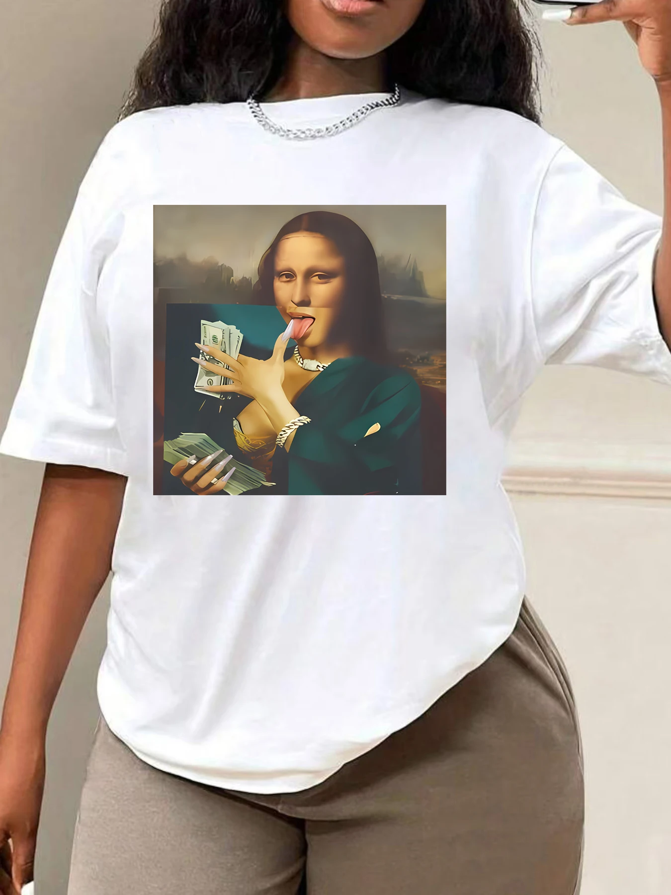 Camiseta Mona Lisa con cuello redondo, manga corta, blusa de media manga con estampado de moda y camiseta elástica