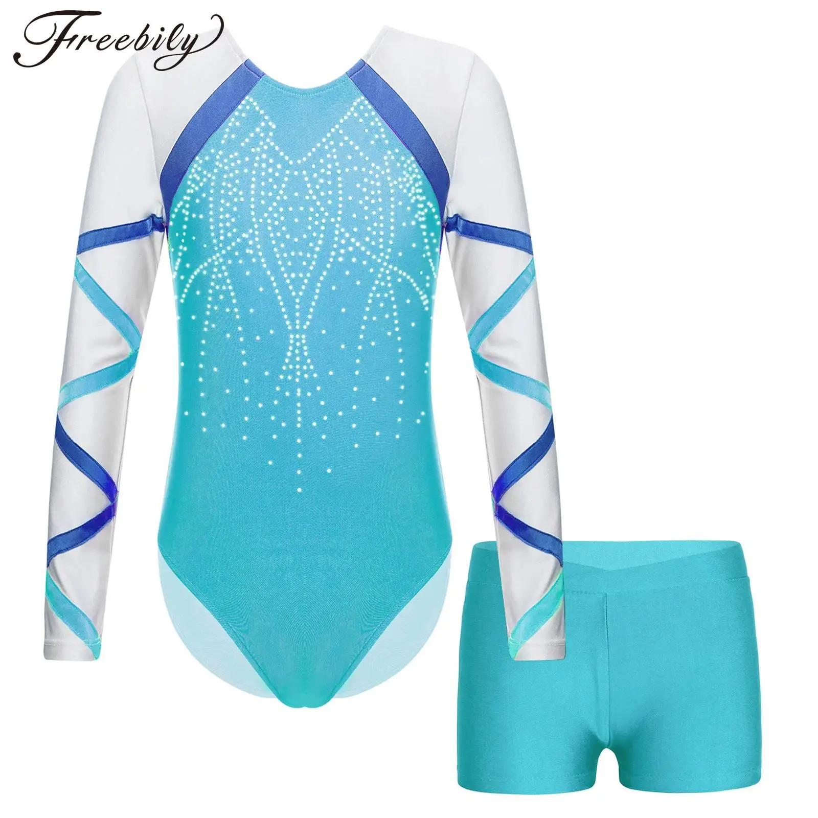 

Kids Girls Gymnastic Figure Skating Performance Costume Long Sleeve Patchwork Leotard Bodysuit with Shorts Dancewear for Show