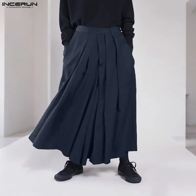 INCERUN Men Wide Leg Pants Solid Color Elastic Waist Joggers Trousers Men Pleated Streetwear Baggy 2026 Fashion Casual Pants