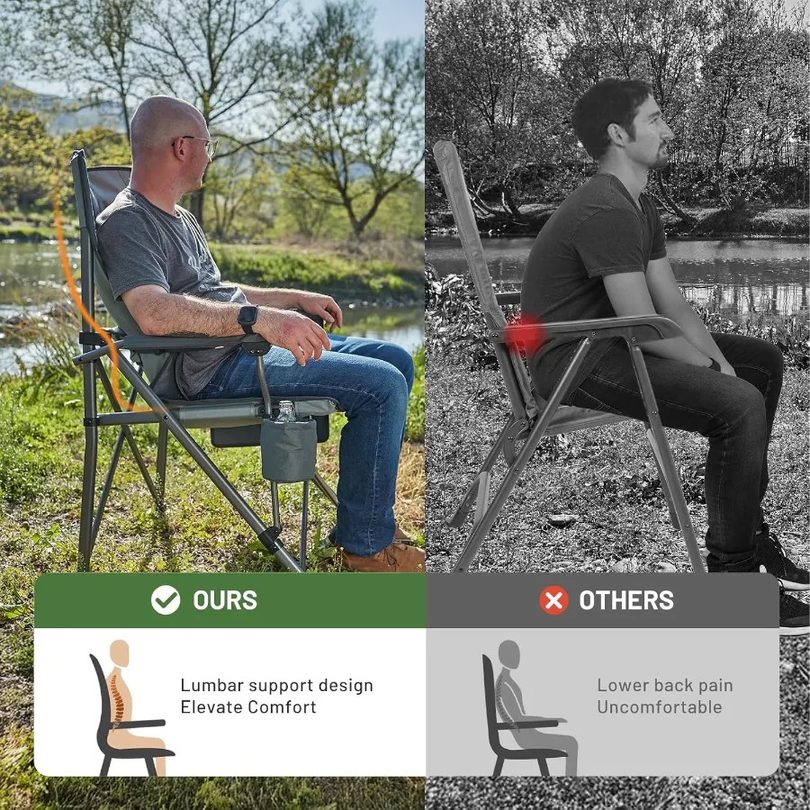 كرسي تخييم كبير الحجم قابل للطي مع دعم قطني قابل للتعديل عالي الظهر شديد التحمل للبالغين يدعم ما يصل إلى 500 رطل مع كوب Ho #3