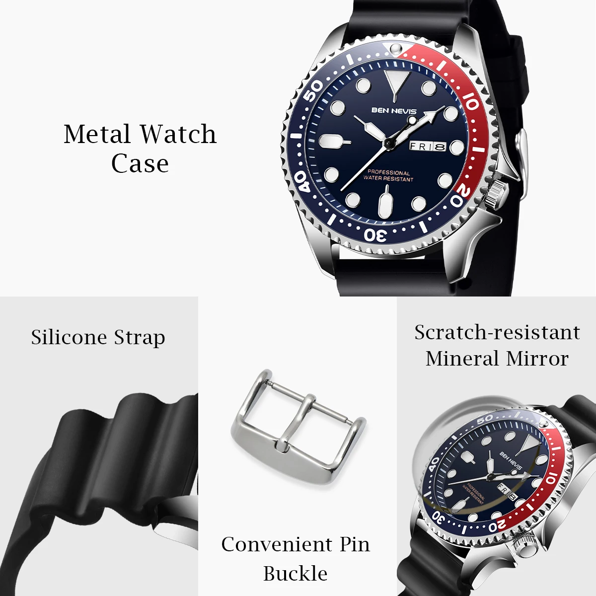 Men's quartz wristwatch with dual calendar, rotating bezel, silicone strap, alloy case, waterproof, versatile quartz watch