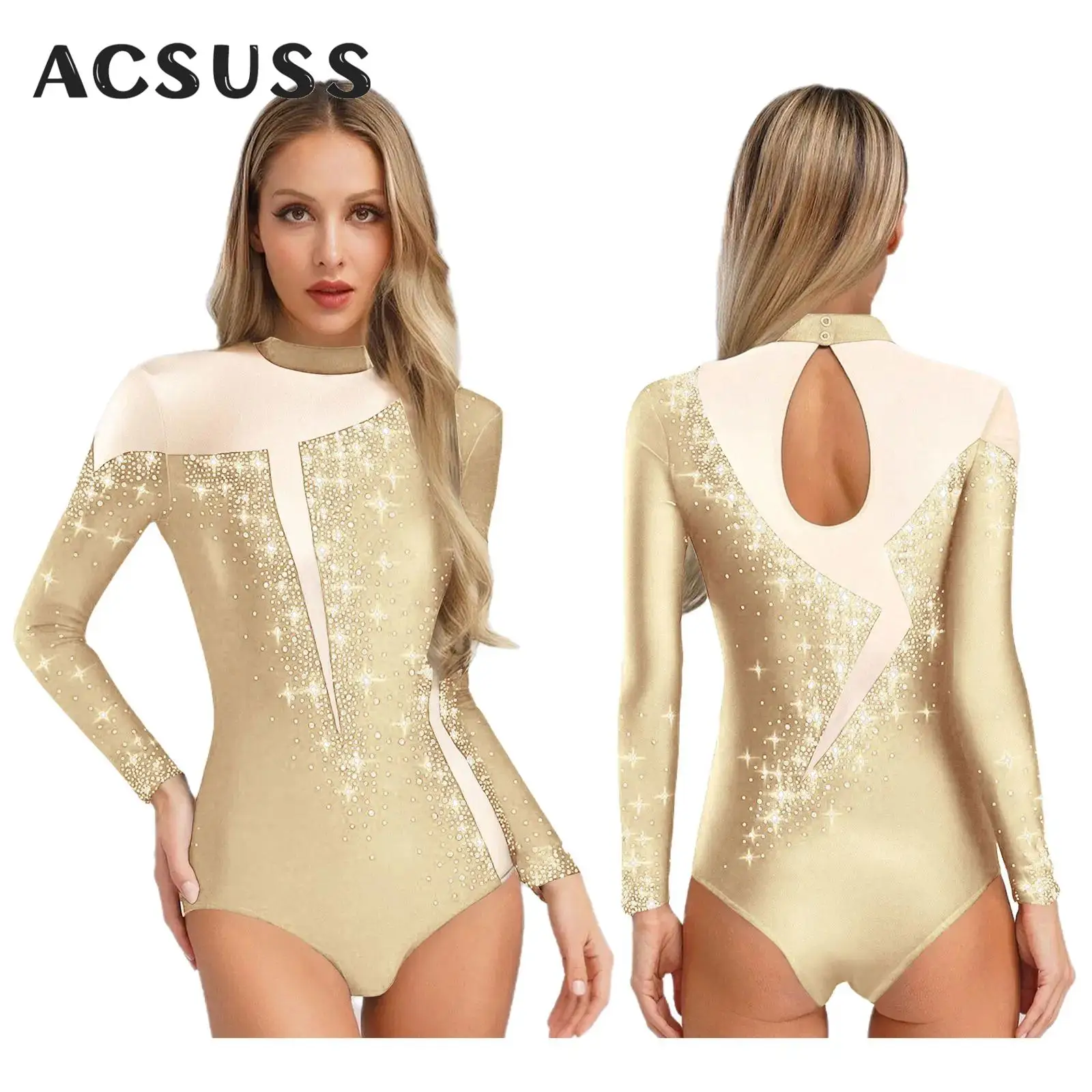 

Women Gymnastics Leotard Shiny Rhinestones Long Sleeve Sheer Mesh Ballet Jersey Figure Skating Dance Acrobatics Yoga Costume