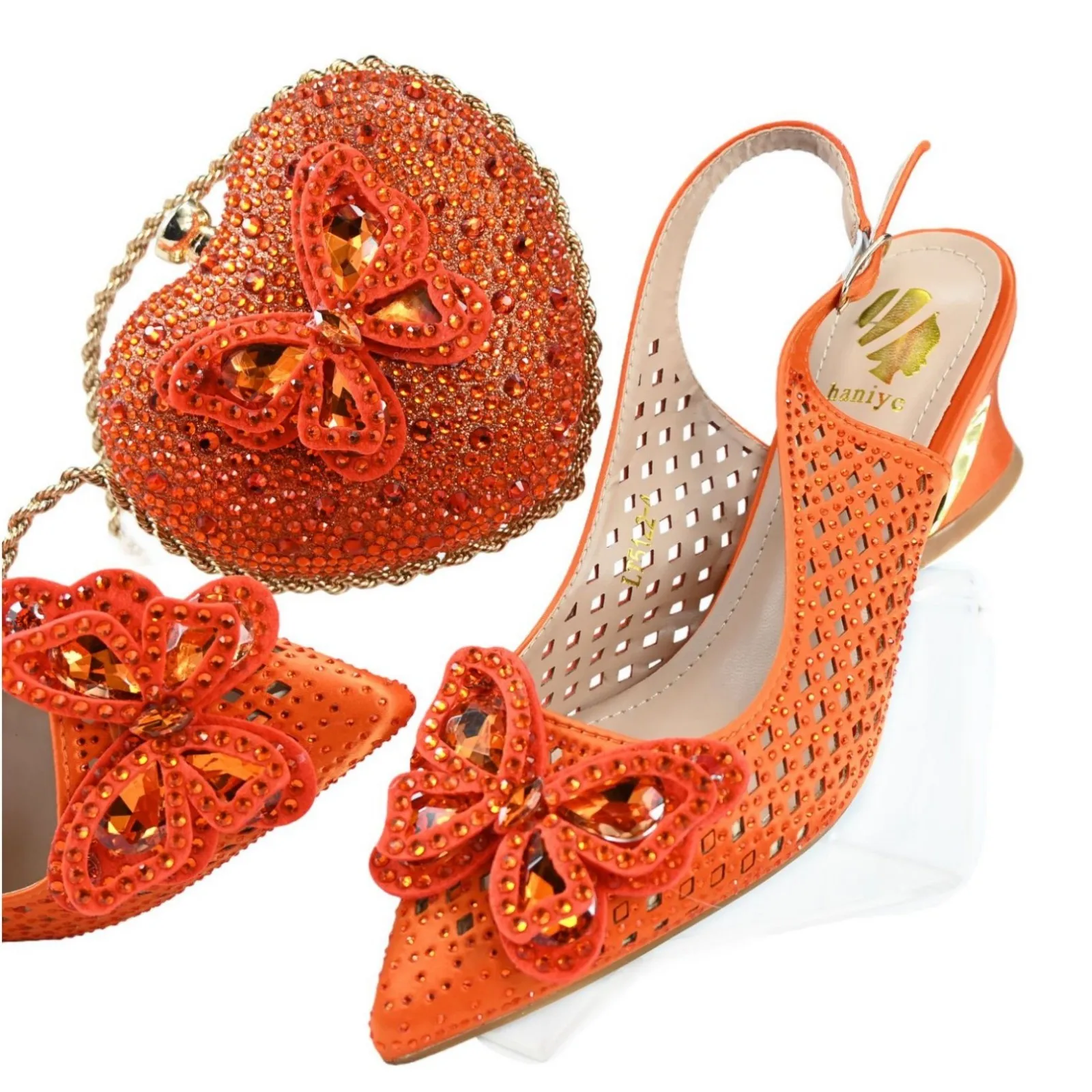 

Haniye Orange Heart Shape Clutch with High Heels Wedding Party 6cm Pointed Toe Heels for Women Italian Shoes Matching Bag Set