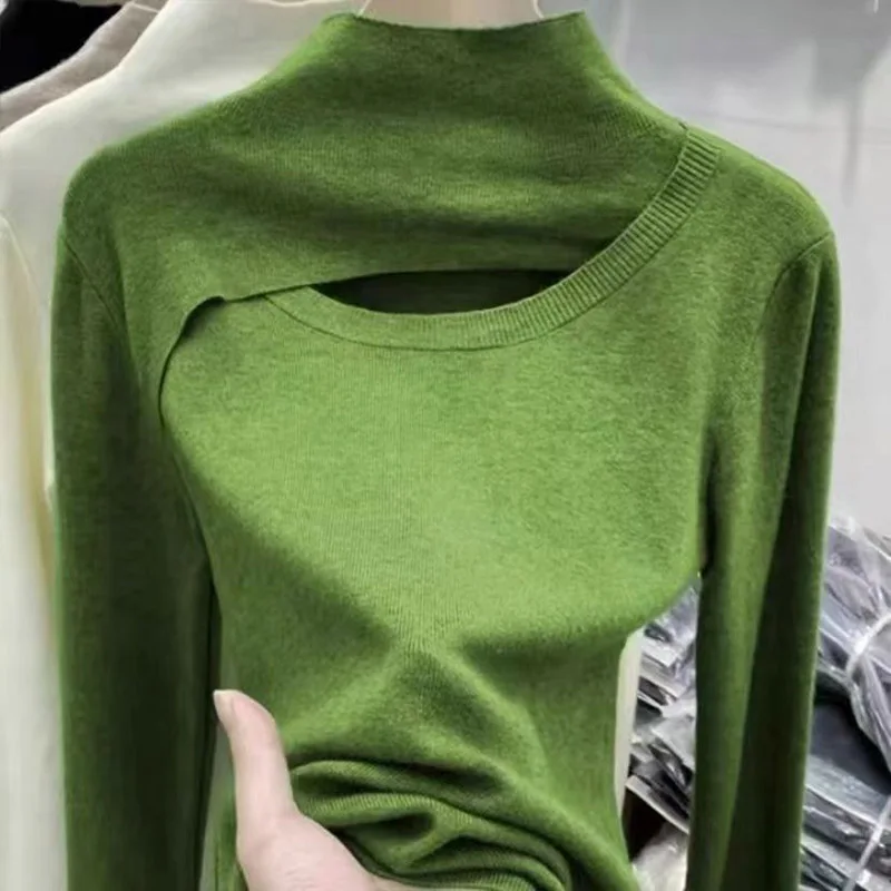 Odzież damska Hollow Out Chic Półwysoki kołnierz Pullovers Jesień/Zima Dzianinowe topy Slim Fit Lady Sexy Fashion Solid Swetry