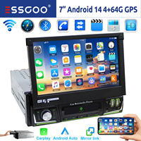 ESSGOO 1 DIN 7 Inch Flip Out Touchscreen 4+64G Android 14 Car Stereo Radio Apple Carplay GPS Navi Wifi FM RDS Bluetooth USB EQ