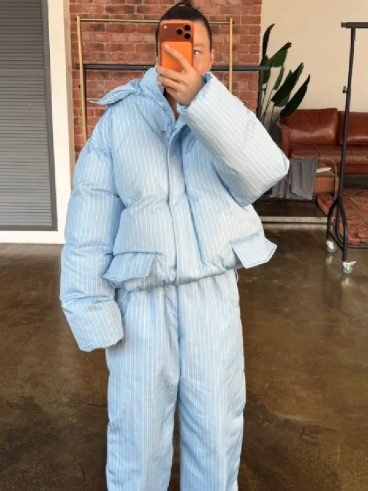 Women Winter Matching Set Multi Color Options Vertical Stripe Hooded Cropped Puffer Jacket Baggy Wide Leg Pants Warm Outfit Sets