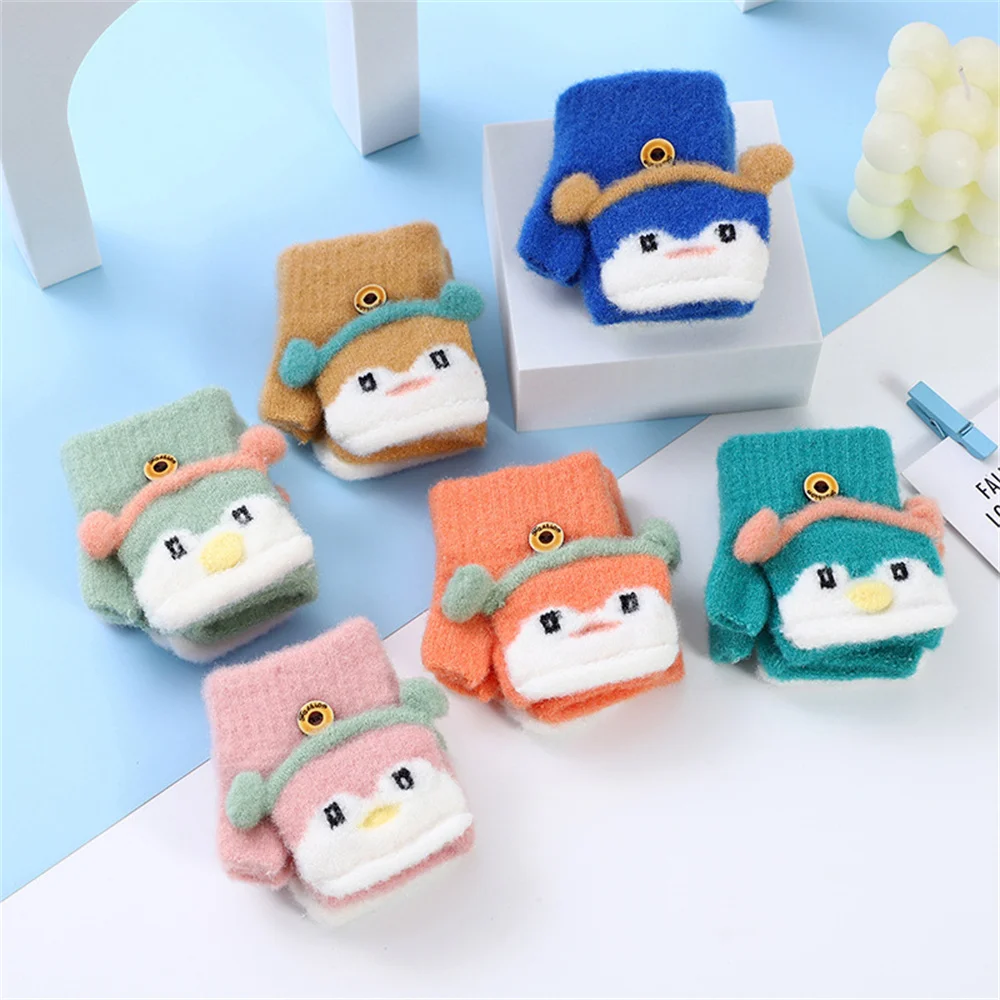 Winter Children Gloves Cute Flip Warm Mittens Fluffy Thick Boy Girl Cartoon Kids Half-finger 0-3Years Old Writing Soft Glove