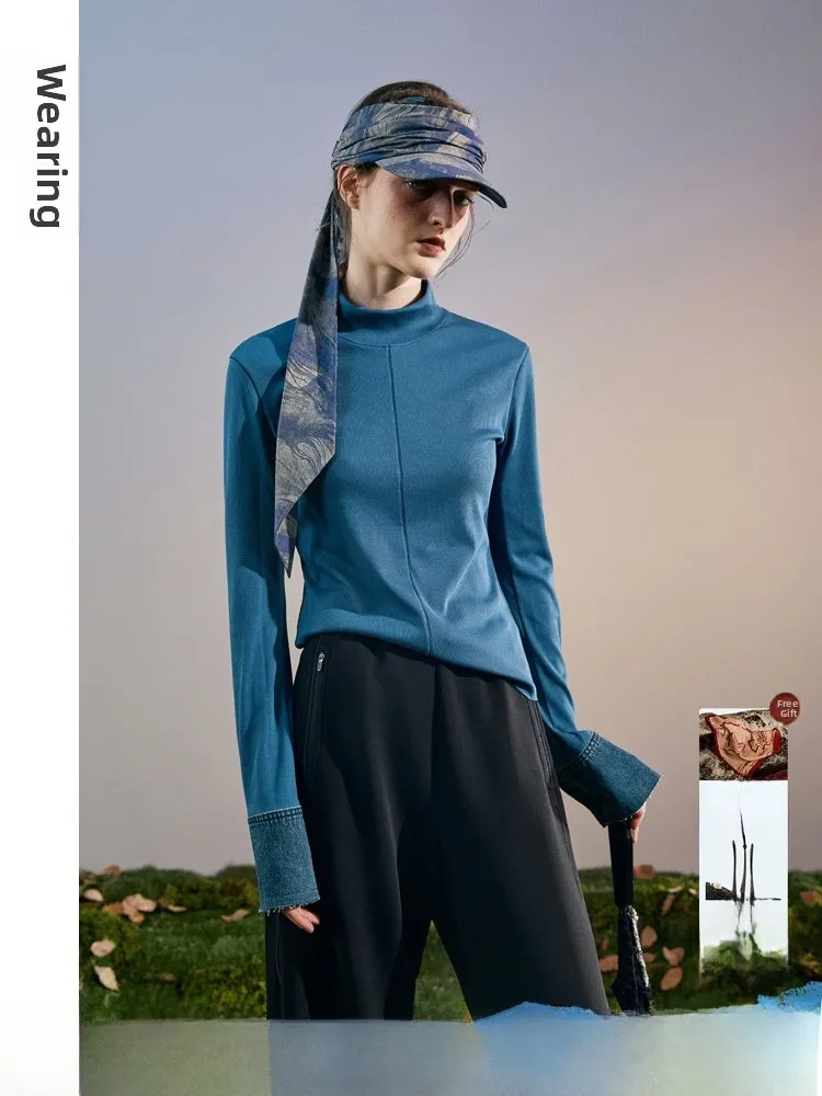 

Slim Fit Long Sve Knitted T-irt Women's Casual Sle Splicing Design Base irt round Ne Regular Length Autumn Season