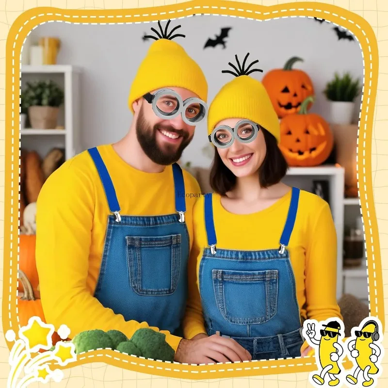 Disfraz Halloween-Kostümzubehör für Erwachsene, gelb/lila, Beanie-Brille, Handschuhe, Hosenträger, Halloween-Kostüm-Zubehör-Set