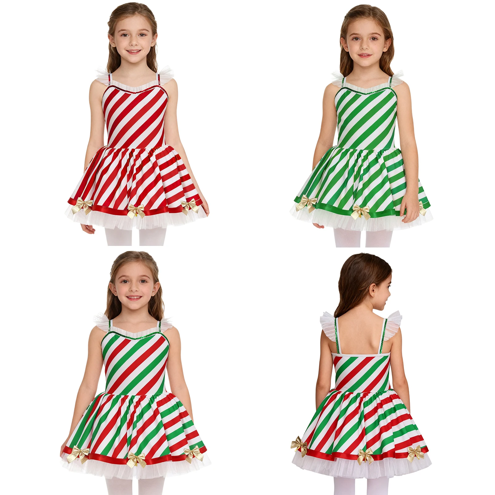 الأطفال الفتيات عيد الميلاد قصب الحلوى مخطط زي أكمام القوس شبكة سانتا قزم يوتار توتو الشكل التزلج فستان رقص الباليه #3