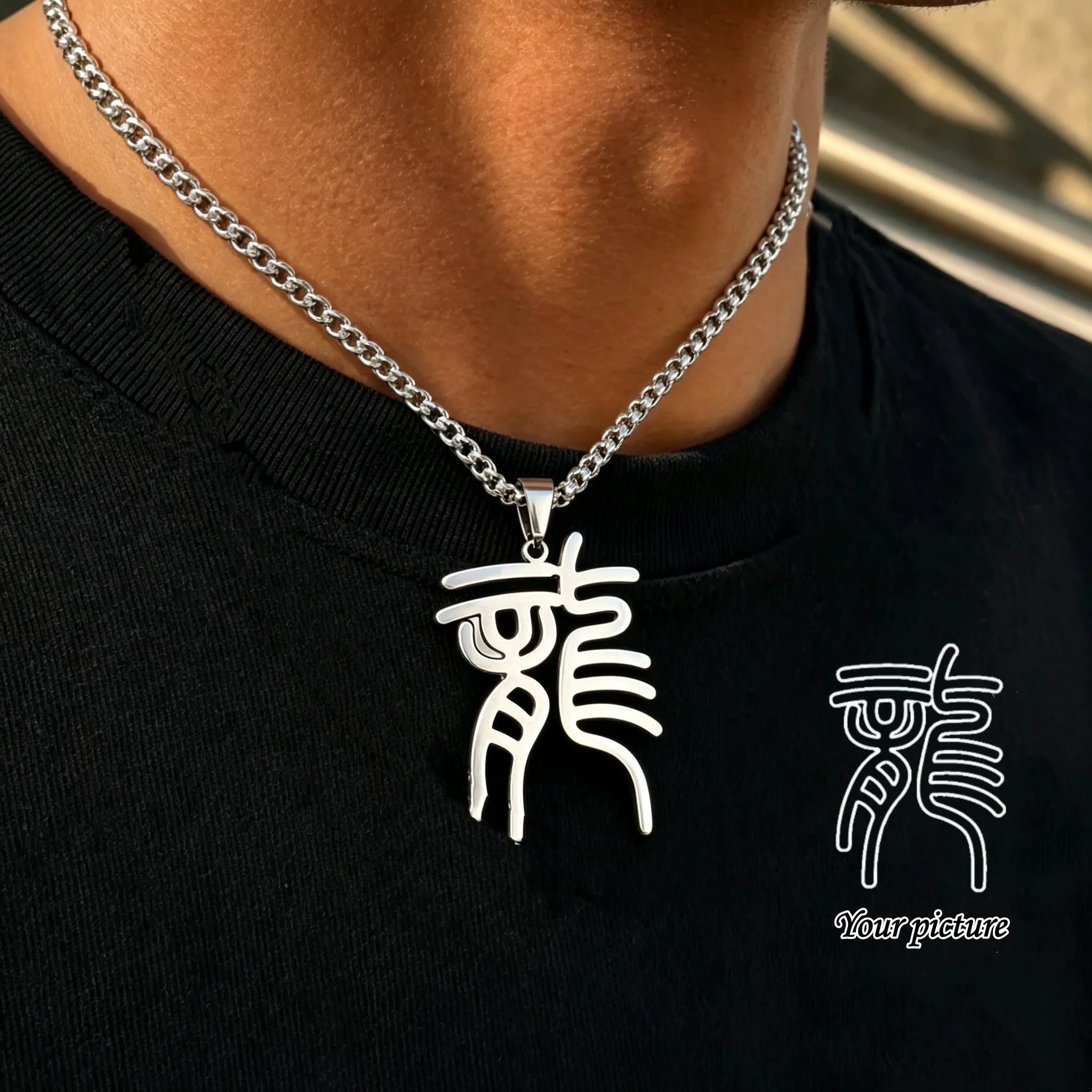 Custom Chinese Symbol Character Necklace Personalized Stainless Steel Text Pendant Calligraphy Letter Necklaces Gift For Men