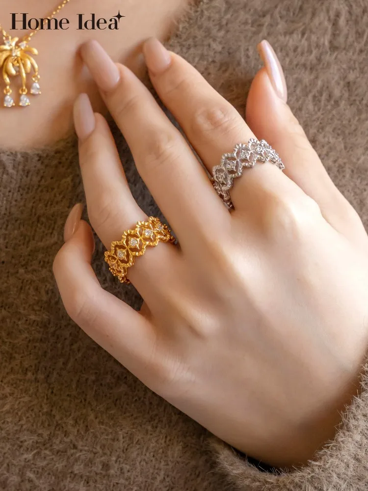 

Элегантные женские винтажные кольца из стерлингового серебра 925 пробы с ажурным узором, регулируемые, с блестящими бриллиантами, аксессуар для вечеринок, изысканные ювелирные изделия