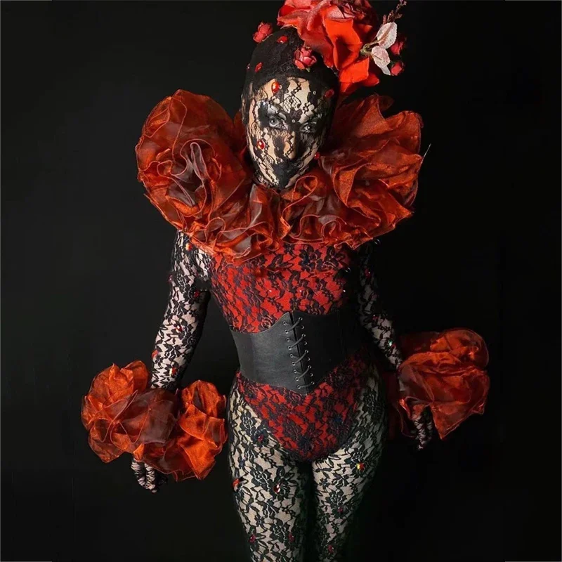 ハロウィンコスチューム レディース ゴーゴーパーティー ショー DJ DS セクシー ブラック ダークレッド レース ジャンプスーツ ステージ衣装 ポールダンス レイブウェア XS2993