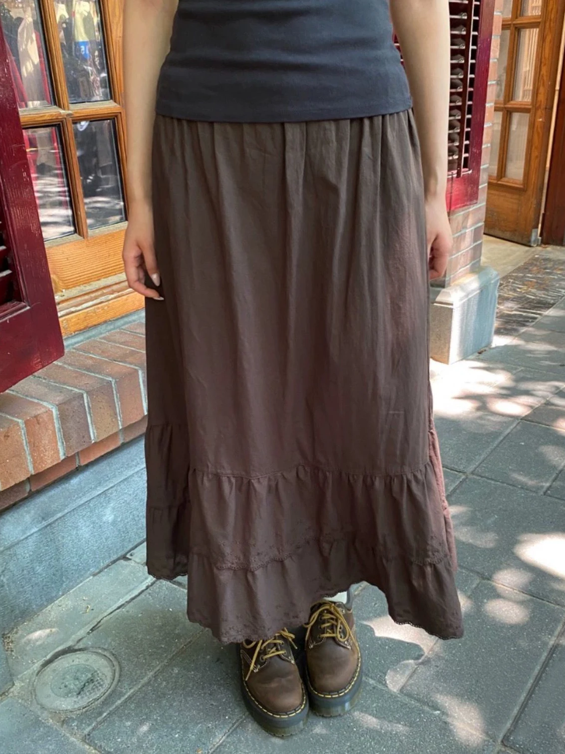 

Floral Embroidery Midi Skirt Woman Autumn Lace Trim Low Waist A-line Cotton Faldas Female Brown Vintage Preppy Style Skirts Y2k