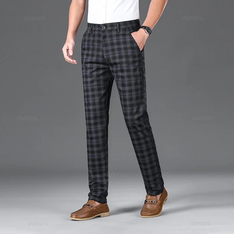 OUSSYU Brand Clothing High Quality Plaid Pants Men Classic Business Cotton Casual Full Length Formal Long Trousers Male 30-38