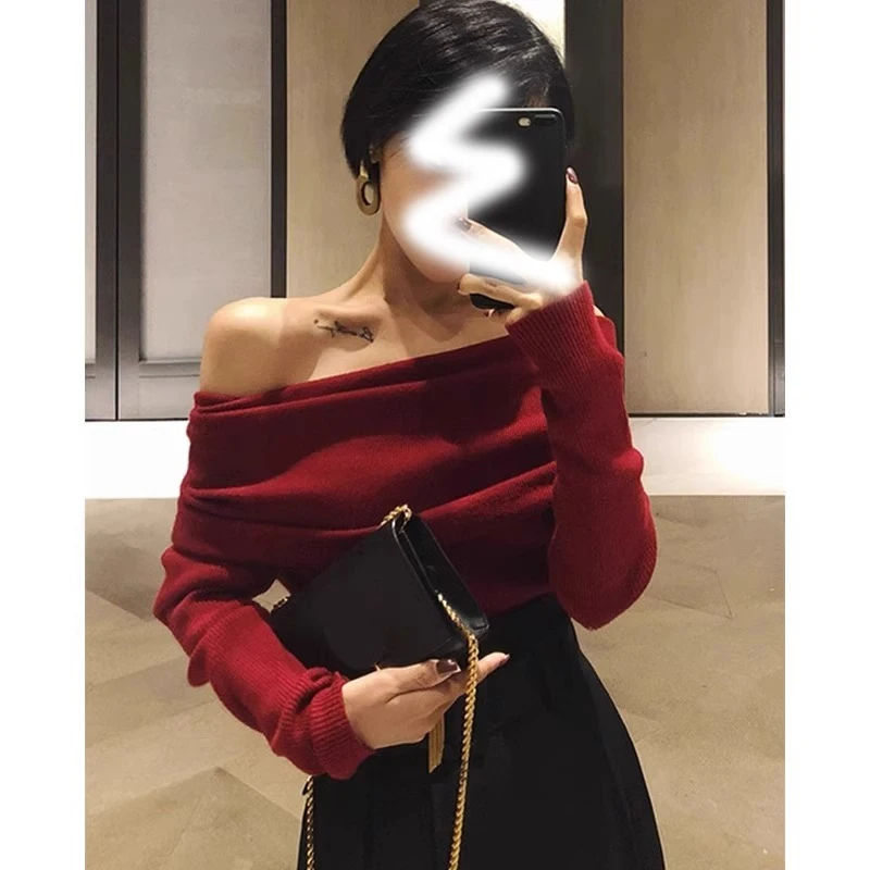 محبوك سترة المرأة البلوفرات الجديدة طويلة الأكمام مائل الرقبة الأبيض متماسكة سترة البلوز النساء بلايز البلوزات النساء الملابس Q1423 #2