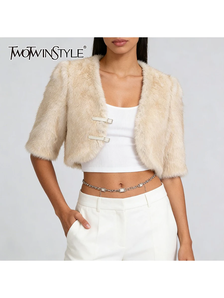 

TWOTWINSTYLE Elegant Slimming Spliced Bead Buttons Jackets for Women V Neck Half Sleeves Patchwork Fur Fashion Jacket Female New