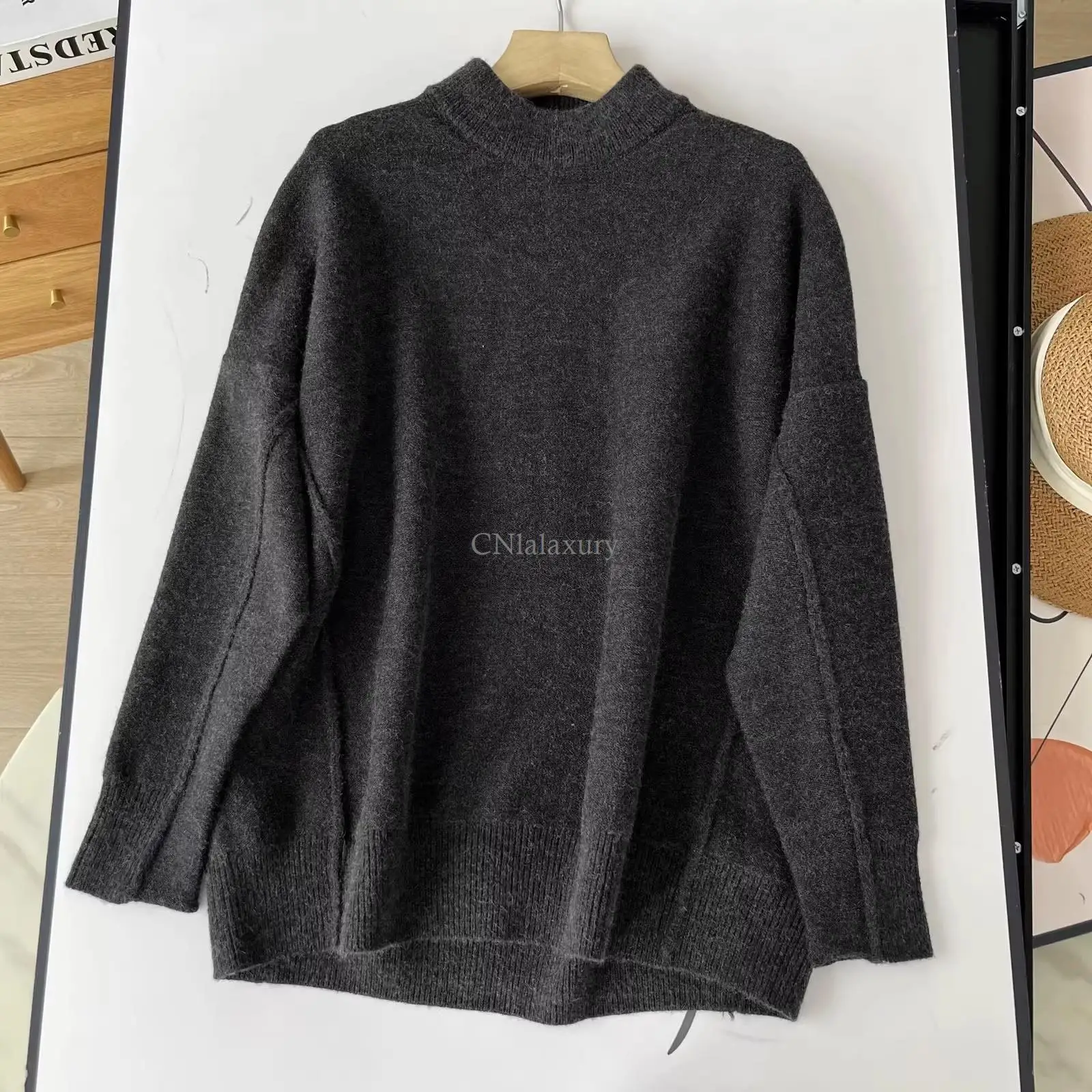 CNlalaxury 2024 Autumn Winter Women New Solid Color Simplicity Loose Raglan Sleeve Knit Leisure Loose Jumper Sweater Chic Tops