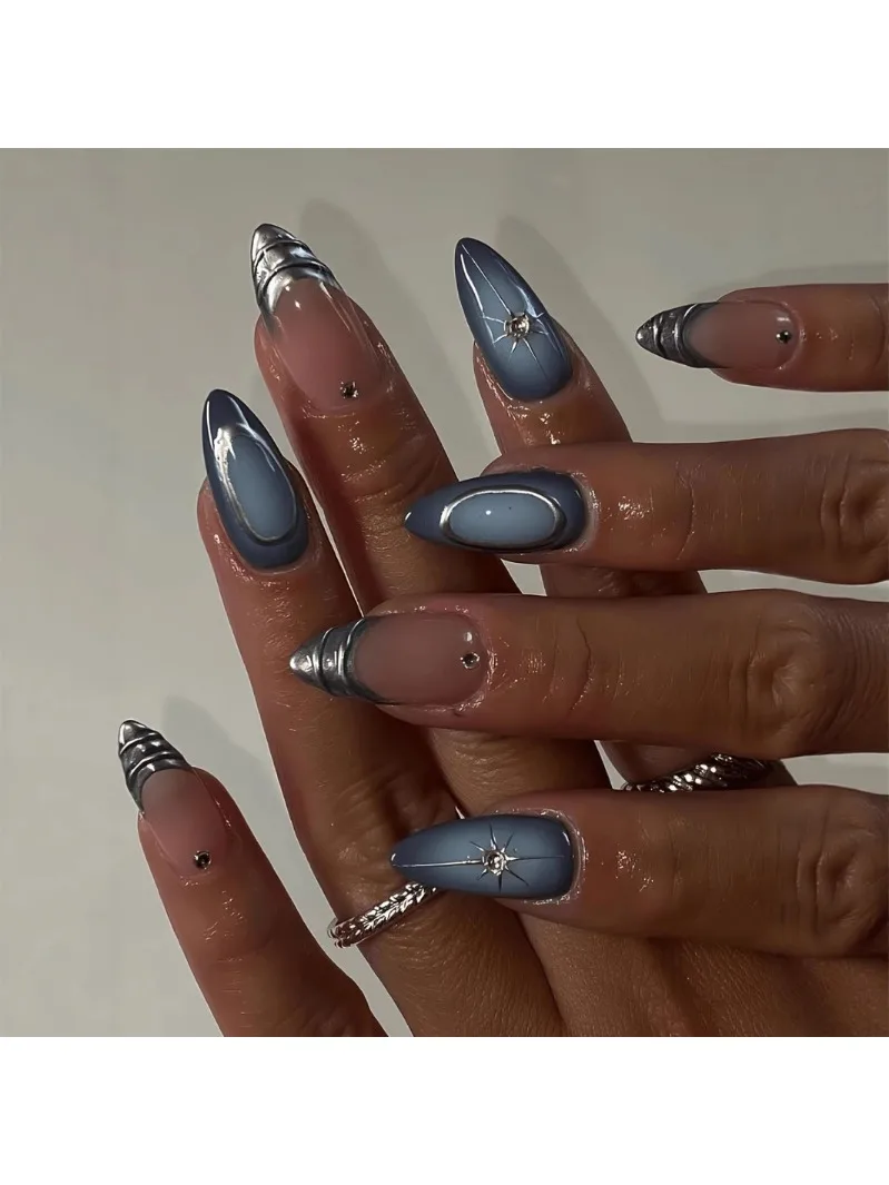 24 pièces français amande presse sur ongles bleu faux ongles motif étoile portable ongles à coller faux ongles Uñas Наклад Ногти