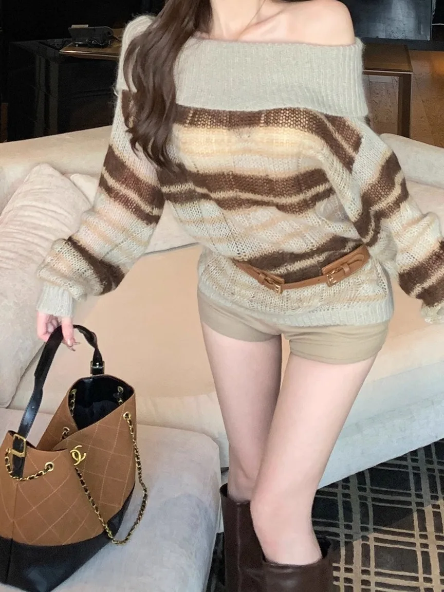 

Свободный вязаный свитер с открытыми плечами и длинными рукавами в полоску для женщин, удобный, мягкий, в корейском стиле, для повседневной носки, осенний топ