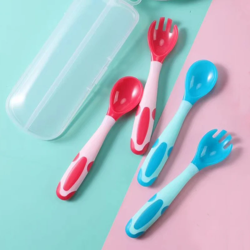 BPA Free Baby Spoon Baby Feeding Training Non-Slip Flexible Twisting Fork Spoon Tableware Children's Tableware with Storage Box