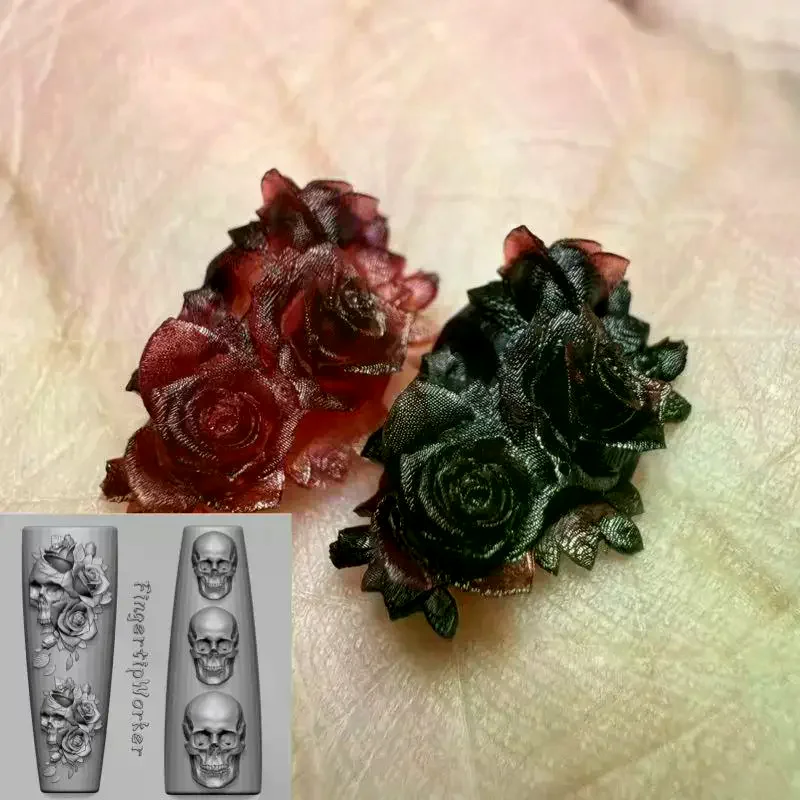 Rose Flower Skull Silicone Nail Art Molds DIY Skeleton Hand Design Transparent Carving Mold Nail Art Decorations