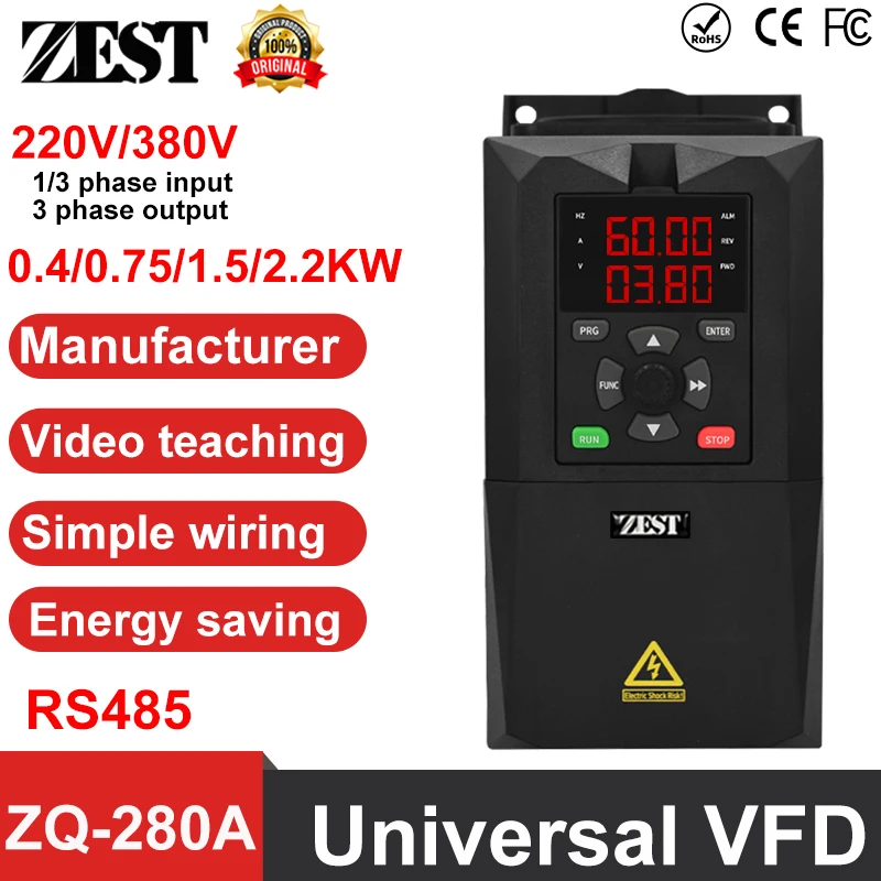 VFD 380V 220V 3Phase Variable Frequency Inverter 0.4/0.75/1.5/2.2KW Converter Variator Drive for Motor Speed Vector Control