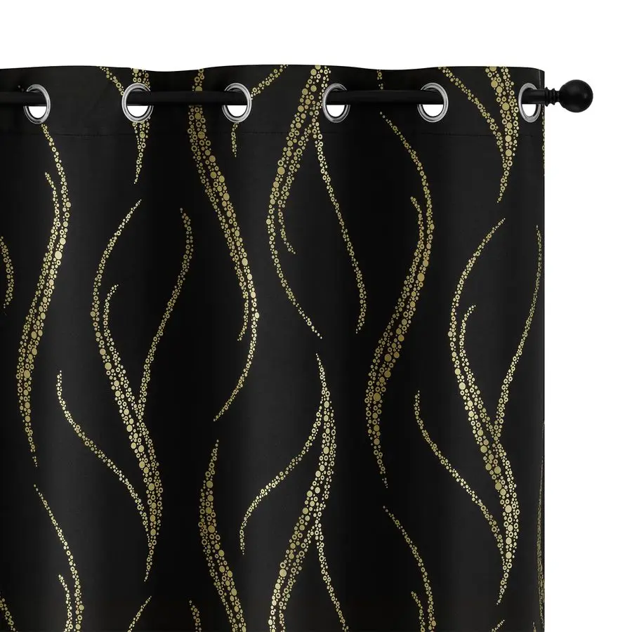 

Blackout Curtains for Livingroom Wave Line with Dots Gold Print Design Noise Reducing Thermal Insulated Solid Ring Top Blackout