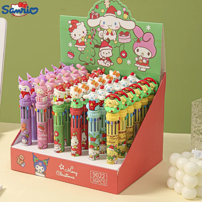 6/36pcs Christmas Sanrio Ten-Color Ballpoint Pen 0.7mm Multi-Color Press Account Pen Student Color Key Marker Stationery Gift