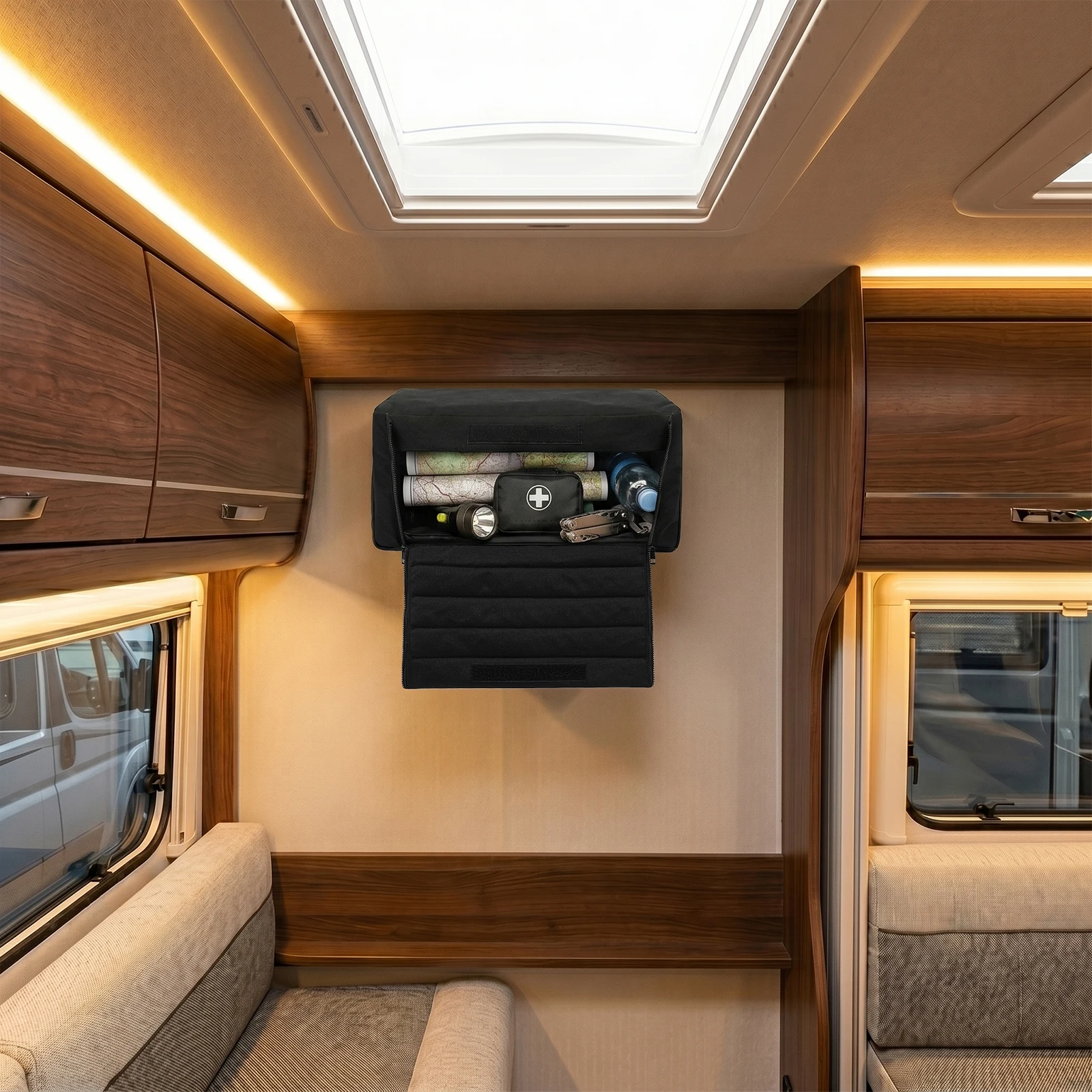 50*28*25cm RV Overhead Storage Bag, 35L Van Ceiling Organizer, Thick Oxford Fabric Roof Storage Pack For Mercedes Sprinter Ford Transit RAM ProMaster