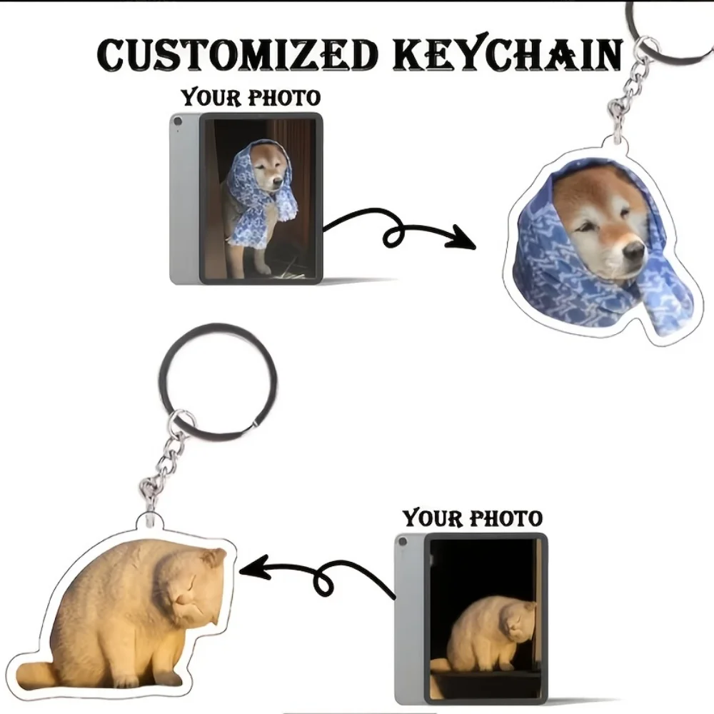 1PC Custom Pet Photo Keychain Personalized Acrylic Dog Cat Picture Key Ring Custom Shape Bag Charm Memorial Gift for Pet Lovers