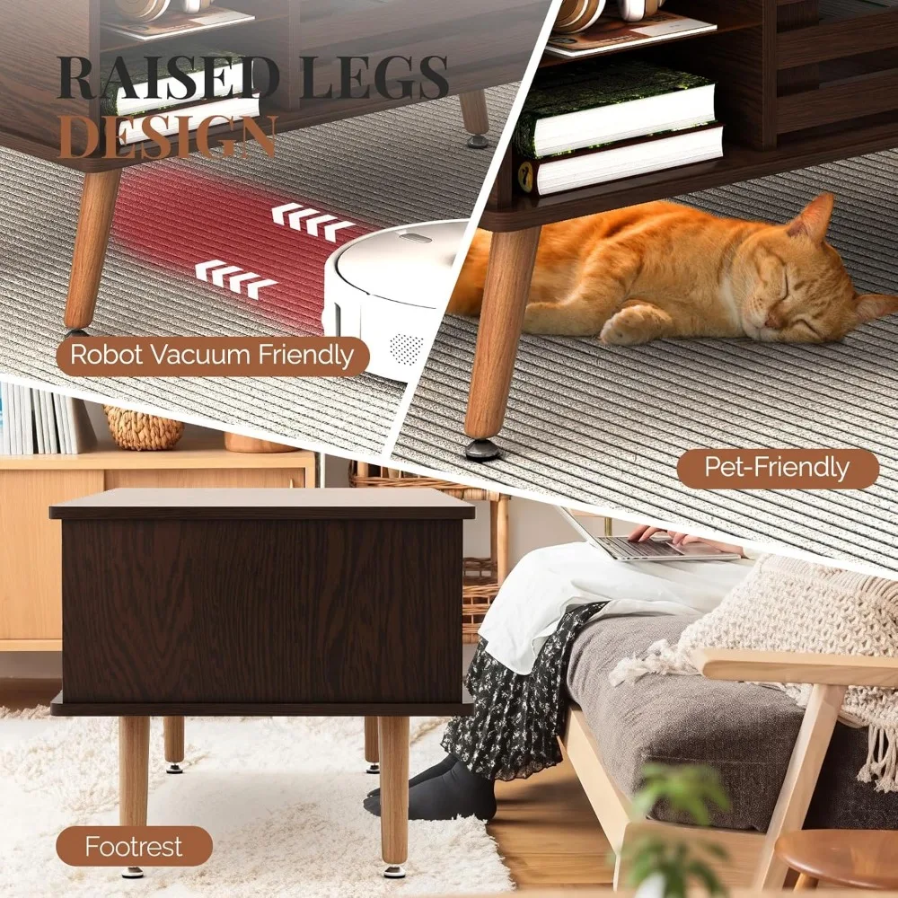 Mid Century Modern Lift Top Coffee Table with Storage, Wooden Tabletop Dining Table