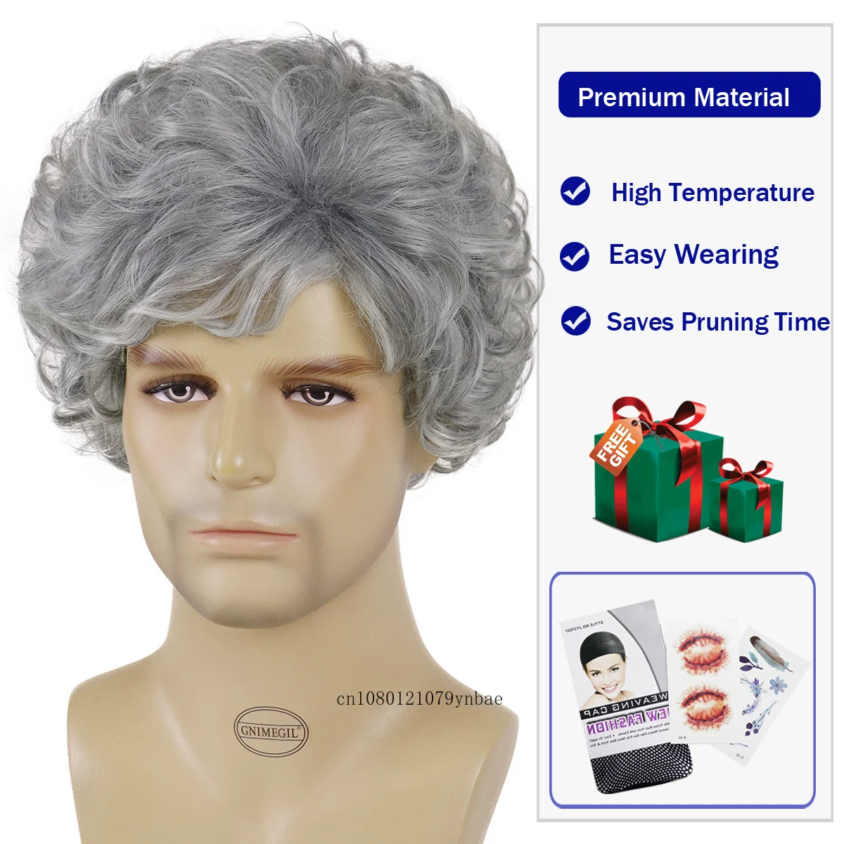 Synthetic Hair Short Dark Grey Wigs for Men Male Fluffy Curly Old Man Wig with Bangs Grandfather Gifts Daddy Wig Daily Cosplay